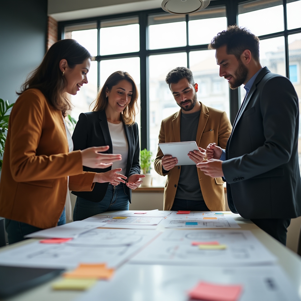 Team diskutiert bestehende Arbeitsabläufe am Tisch